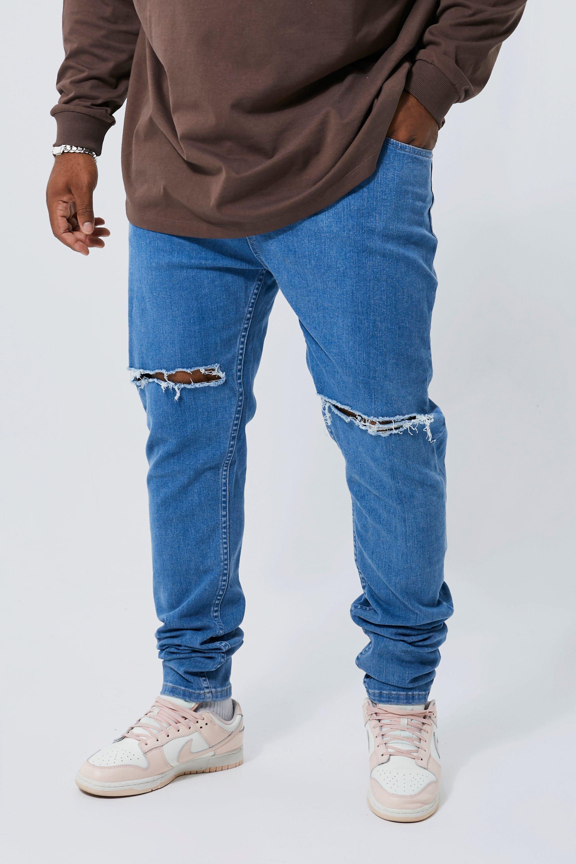 Men's Plus Skinny Stretch Stacked Ripped Knee Jeans | Boohoo UK